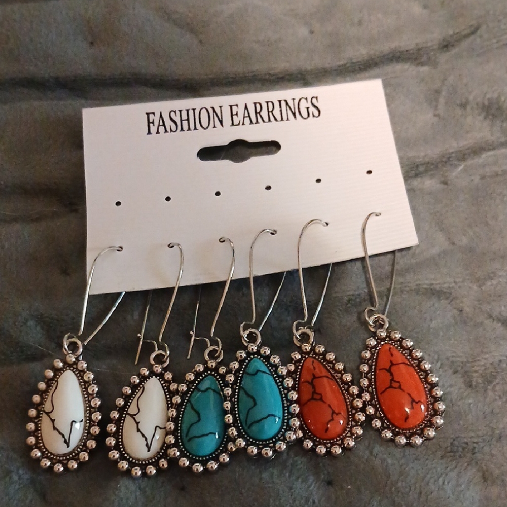 Fashion Earrings Set with White, Turquoise, and Red Stones